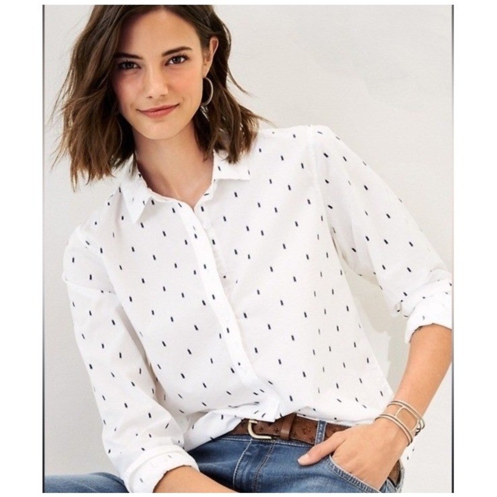 Garnet Hill Organic Pima Cotton Button Down Shirt White Black Dash Print Size 8